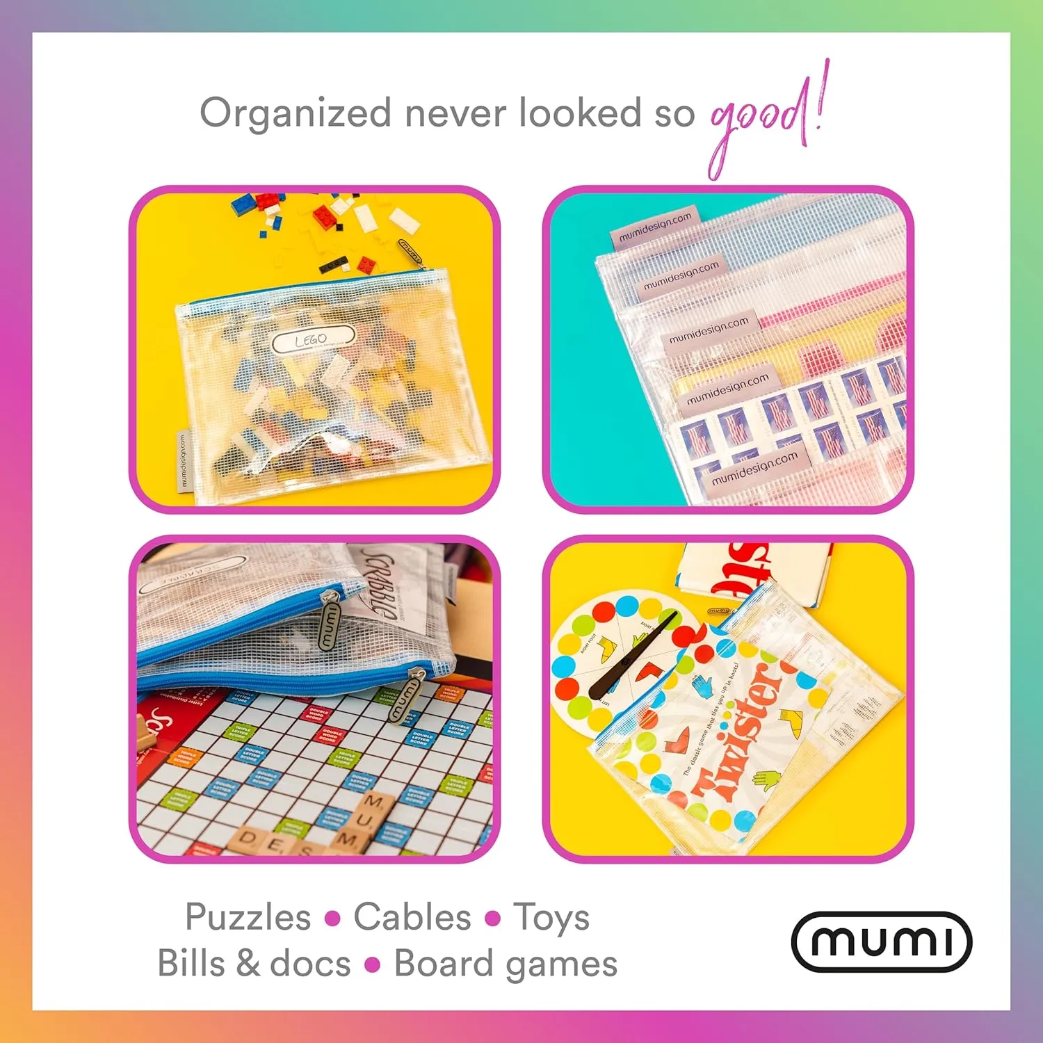 MUMI 5 Multi-Size Organizing Bags – Clear Zipper Pouches for Organizing, Storage & Travel with 10 Removable Labels – Reusable Waterproof Mesh Zipper Pouch Set, Plastic Zip Bags for Supplies (Black)