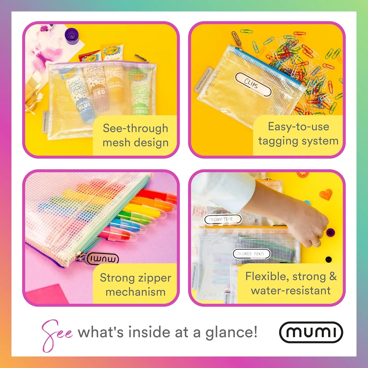 MUMI 5 Multi-Size Organizing Bags – Clear Zipper Pouches for Organizing, Storage & Travel with 10 Removable Labels – Reusable Waterproof Mesh Zipper Pouch Set, Plastic Zip Bags for Supplies (Black)