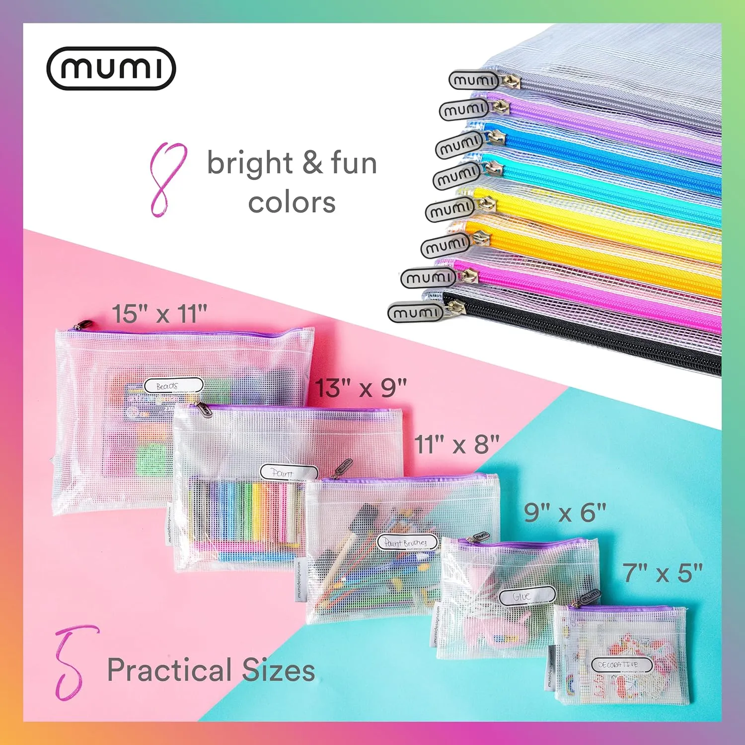 MUMI 5 Multi-Size Organizing Bags – Clear Zipper Pouches for Organizing, Storage & Travel with 10 Removable Labels – Reusable Waterproof Mesh Zipper Pouch Set, Plastic Zip Bags for Supplies (Black)