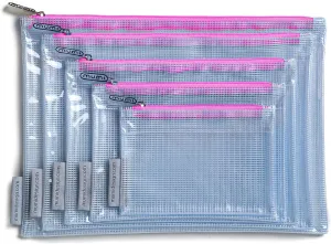 MUMI 5 Multi-Size Organizing Bags – Clear Zipper Pouches for Organizing, Storage & Travel with 10 Removable Labels – Reusable Waterproof Mesh Zipper Pouch Set, Plastic Zip Bags for Supplies (Pink)