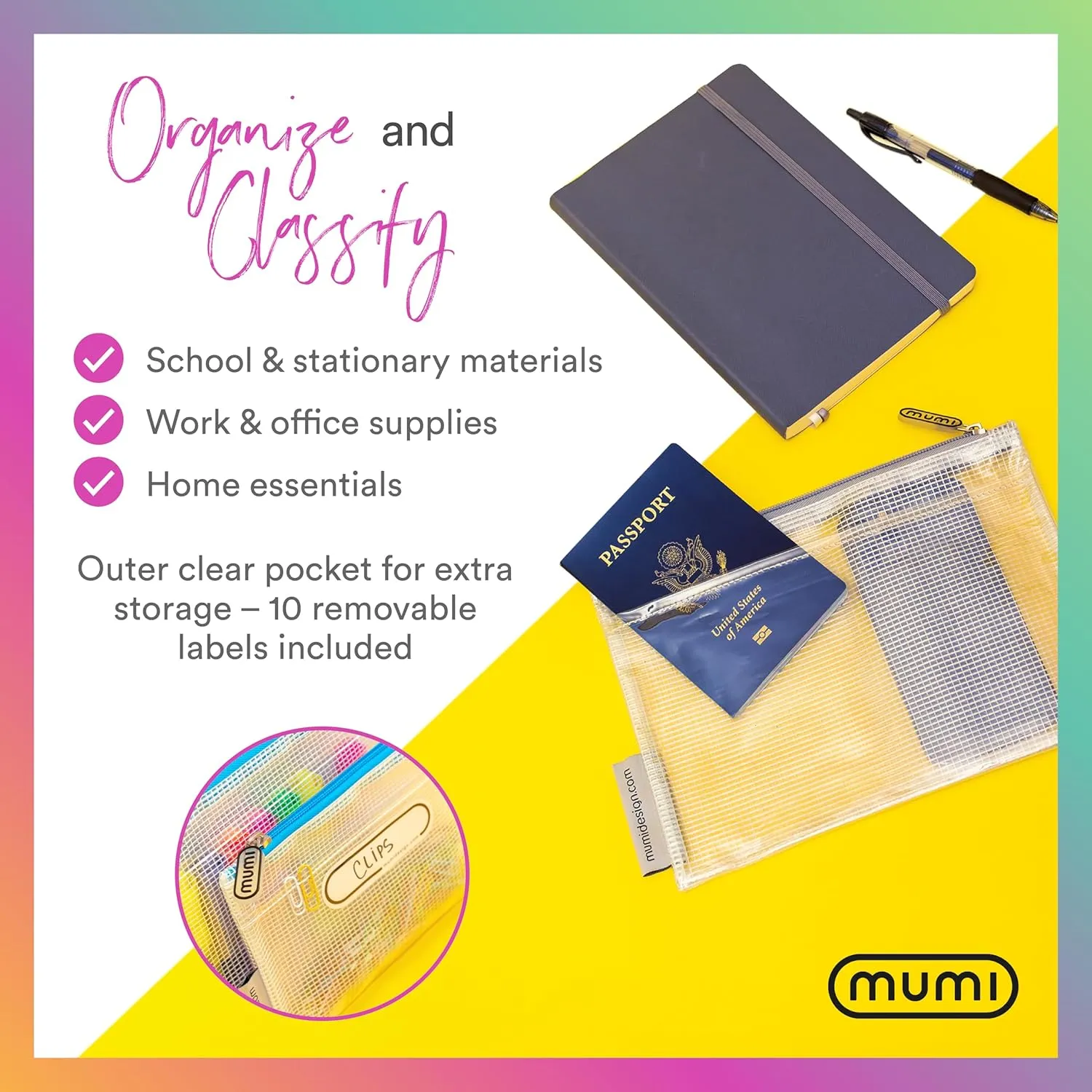 MUMI 5 Multi-Size Organizing Bags – Clear Zipper Pouches for Organizing, Storage & Travel with 10 Removable Labels – Reusable Waterproof Mesh Zipper Pouch Set, Plastic Zip Bags for Supplies (Pink)
