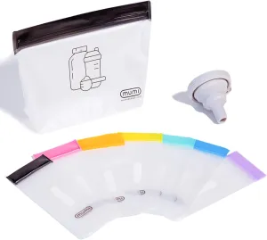 MUMI Single Dose Kit – 7pc (2.36” x 6.14”) Reusable Protein Powder Travel Container Packets with Zip-Up Bag (8” x 5”) & Funnel | Protein Powder Container to Go, Travel Powder Containers & Organizer