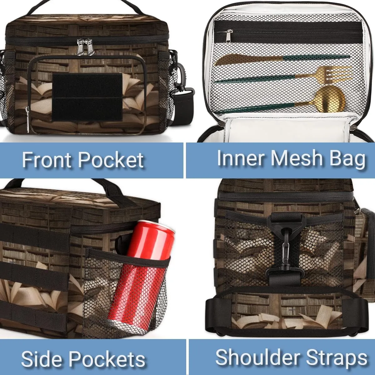Museum Knowledge Study Bookshelf Books-Insulated Lunch Bag for Women,With Side Pockets And Shoulder Strap,Food Handbags Case High Capacity for Picnic Beach