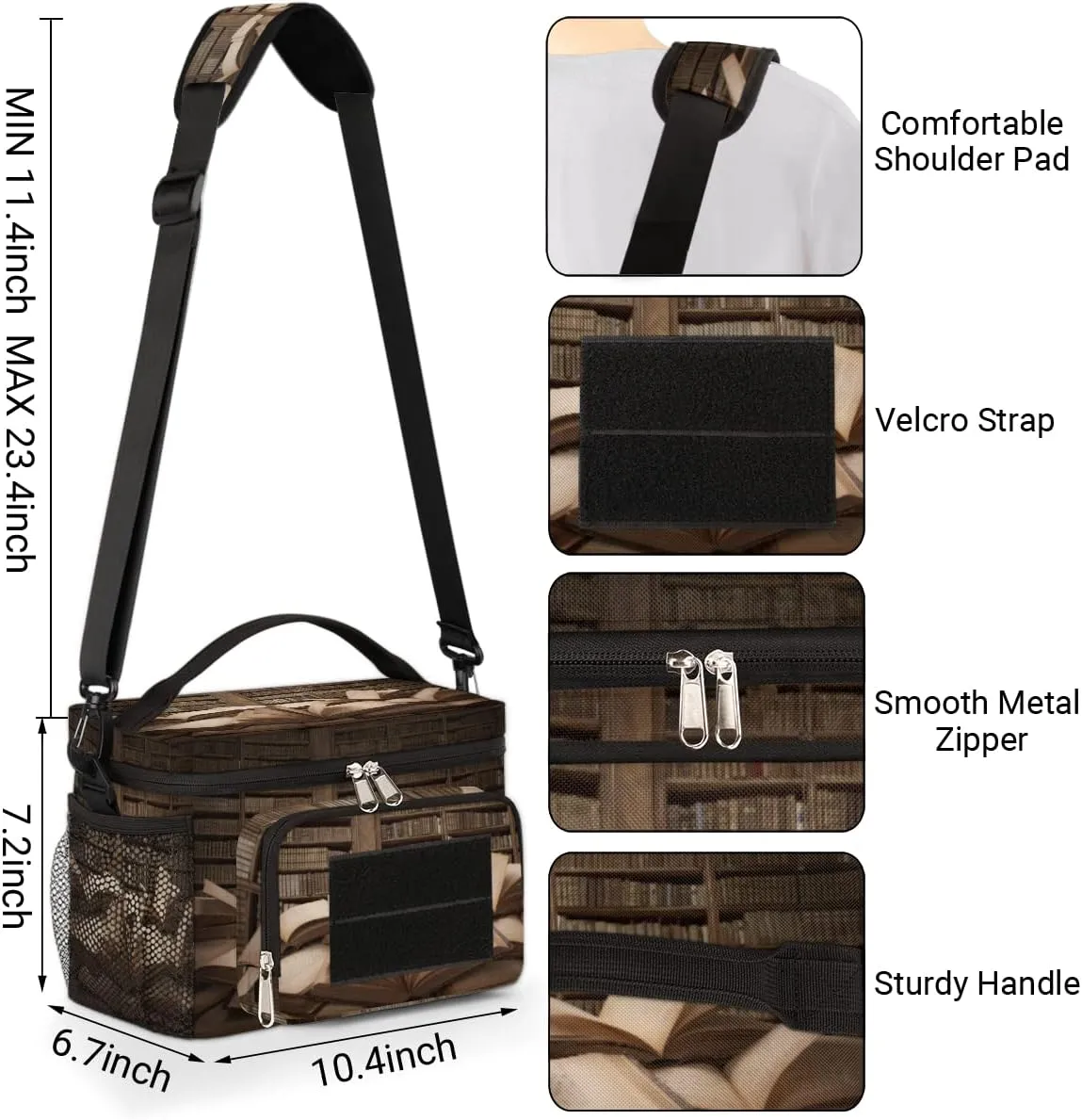 Museum Knowledge Study Bookshelf Books-Insulated Lunch Bag for Women,With Side Pockets And Shoulder Strap,Food Handbags Case High Capacity for Picnic Beach