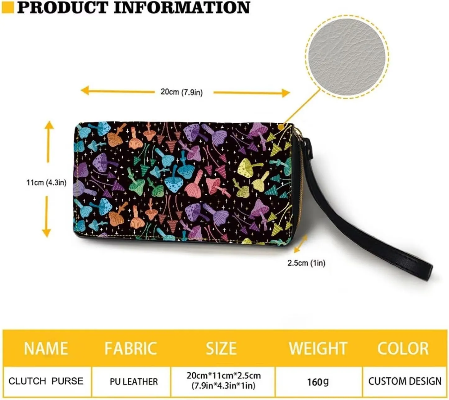 Mushroom Print Womens PU Leather Zip Around Wallet Cell Phone Holder Clutch Travel Purse with Wristlet Portable Long Handbag Purde for Women Ladies