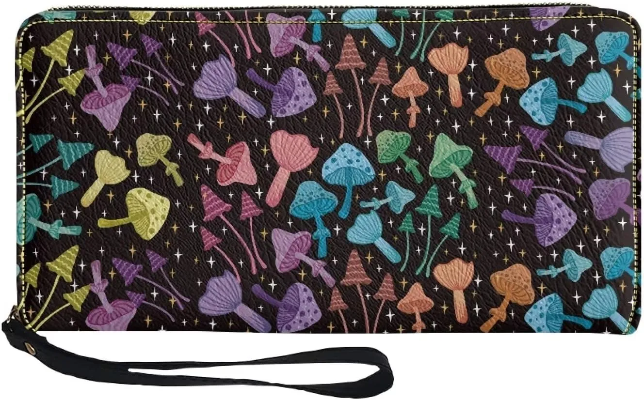 Mushroom Print Womens PU Leather Zip Around Wallet Cell Phone Holder Clutch Travel Purse with Wristlet Portable Long Handbag Purde for Women Ladies