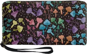 Mushroom Print Womens PU Leather Zip Around Wallet Cell Phone Holder Clutch Travel Purse with Wristlet Portable Long Handbag Purde for Women Ladies