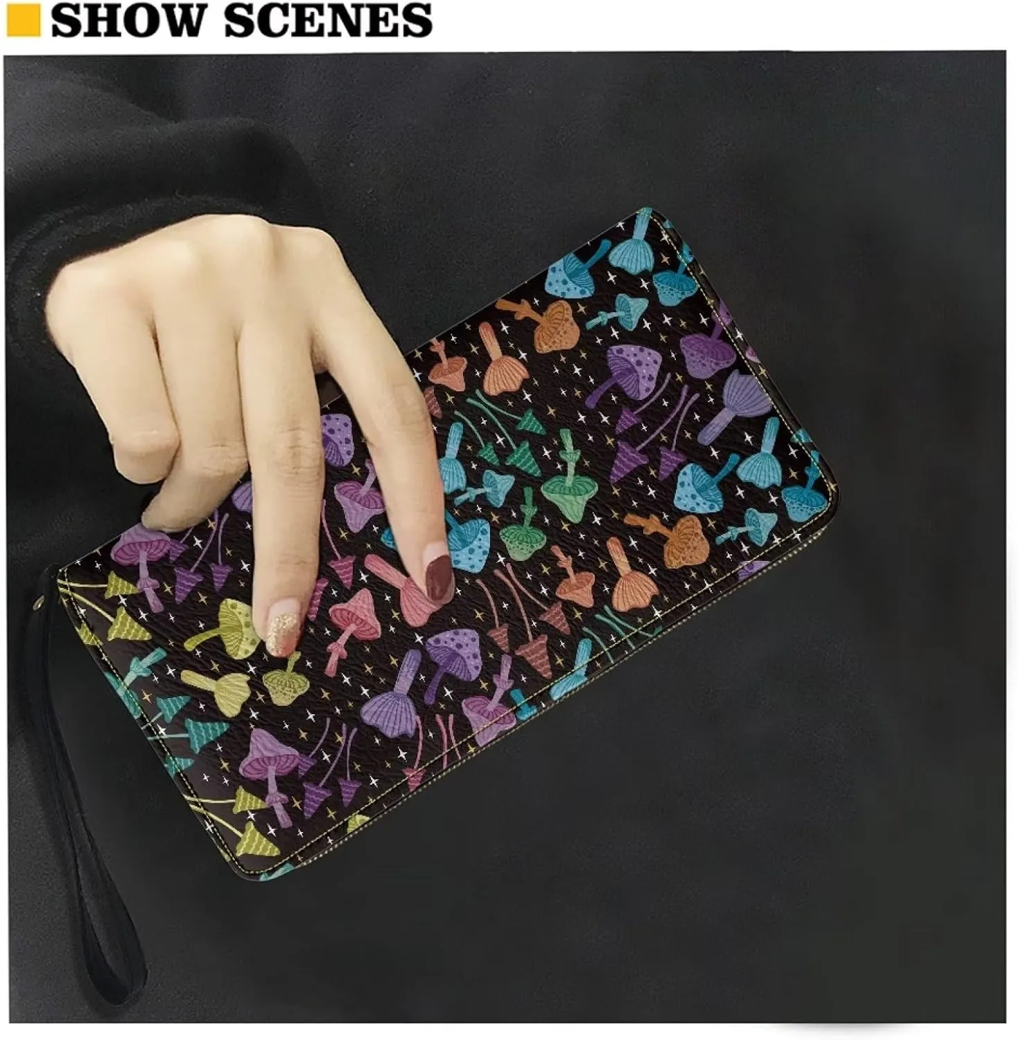 Mushroom Print Womens PU Leather Zip Around Wallet Cell Phone Holder Clutch Travel Purse with Wristlet Portable Long Handbag Purde for Women Ladies