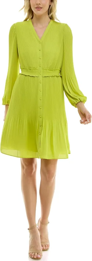 Nanette Nanette Lepore Women's Button Up Fully Lined Dress with Full Body, Smock Waist and Pleated Blouson Sleeve