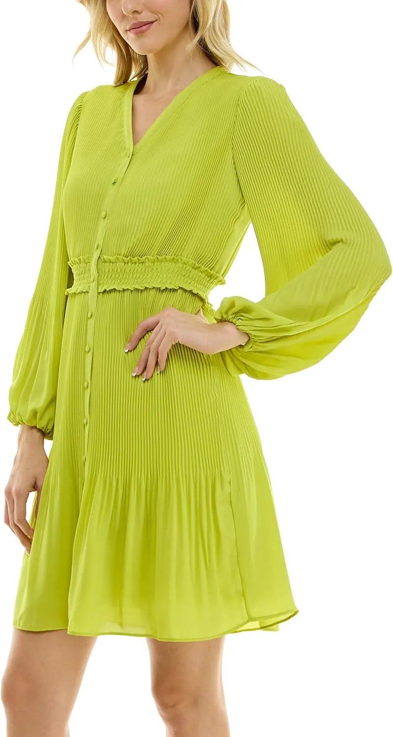 Nanette Nanette Lepore Women's Button Up Fully Lined Dress with Full Body, Smock Waist and Pleated Blouson Sleeve