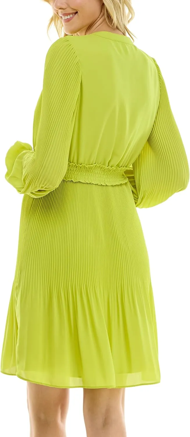 Nanette Nanette Lepore Women's Button Up Fully Lined Dress with Full Body, Smock Waist and Pleated Blouson Sleeve
