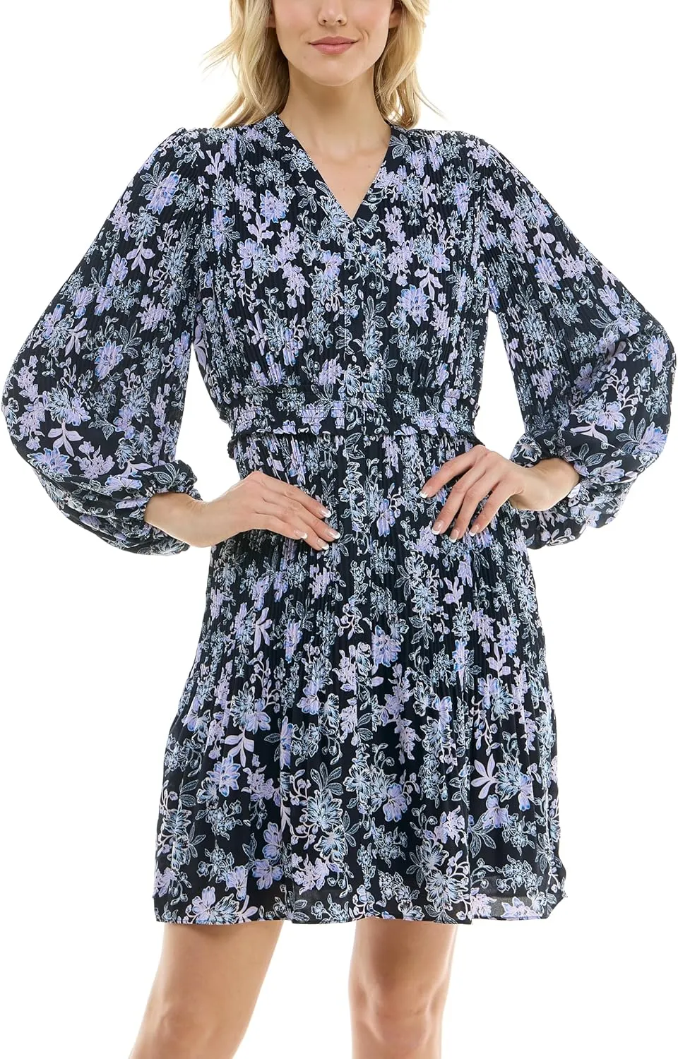 Nanette Nanette Lepore Women's Button Up Fully Lined Dress with Full Body, Smock Waist and Pleated Blouson Sleeve