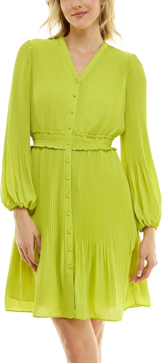 Nanette Nanette Lepore Women's Button Up Fully Lined Dress with Full Body, Smock Waist and Pleated Blouson Sleeve