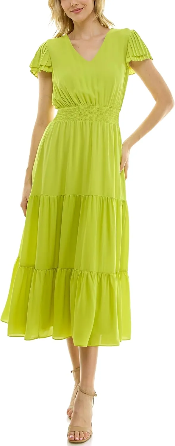Nanette Nanette Lepore Women's Tiered Pull on Fully Lined Dress with Smock Waist and Pleated Flutter Sleeve