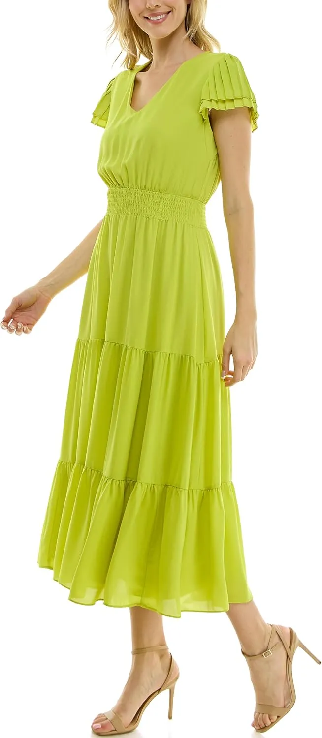 Nanette Nanette Lepore Women's Tiered Pull on Fully Lined Dress with Smock Waist and Pleated Flutter Sleeve
