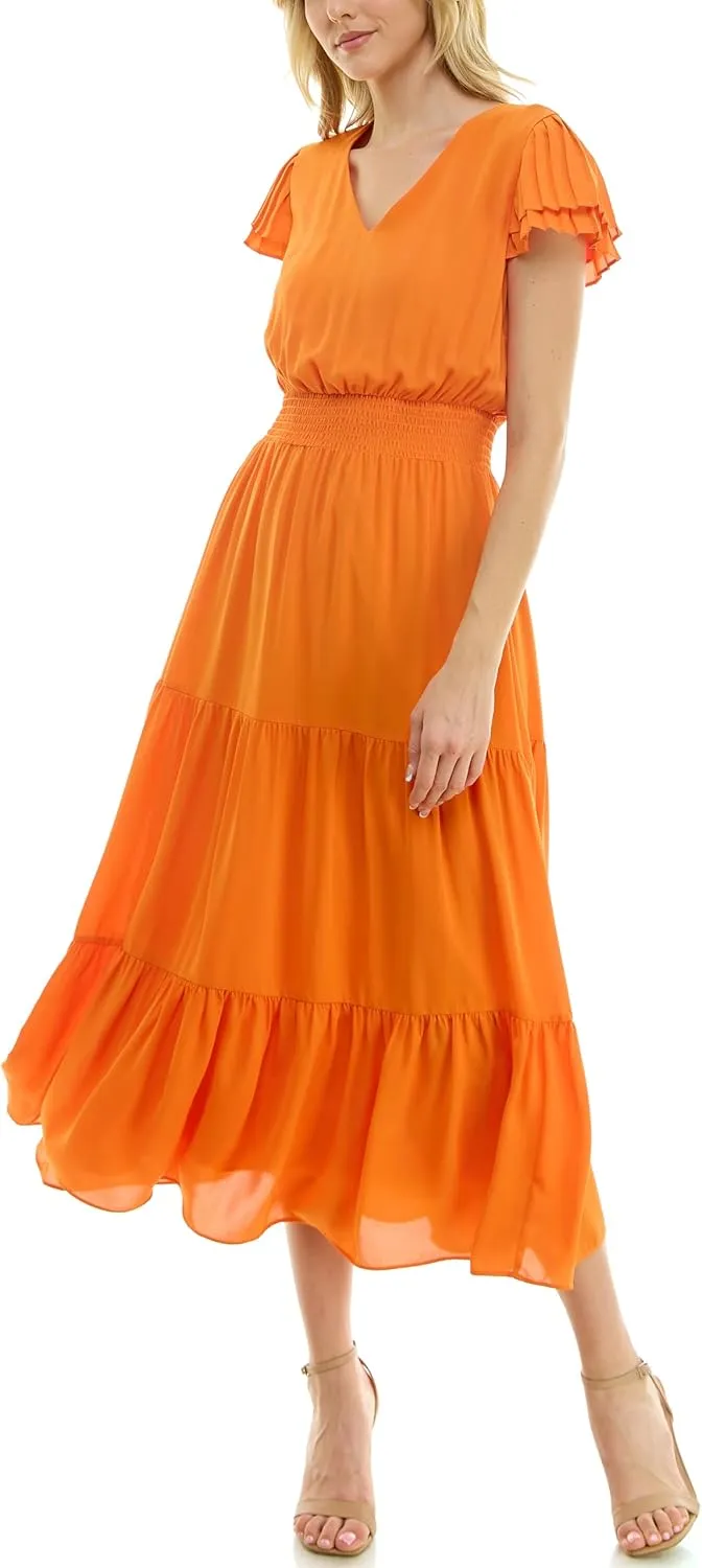Nanette Nanette Lepore Women's Tiered Pull on Fully Lined Dress with Smock Waist and Pleated Flutter Sleeve