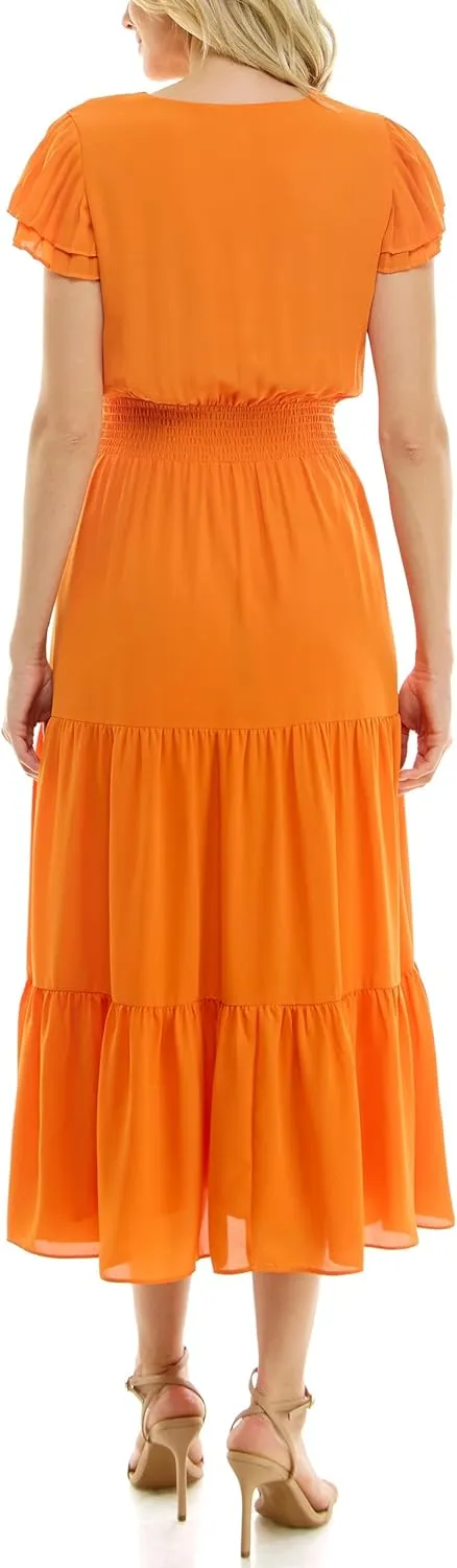 Nanette Nanette Lepore Women's Tiered Pull on Fully Lined Dress with Smock Waist and Pleated Flutter Sleeve