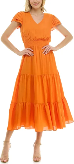 Nanette Nanette Lepore Women's Tiered Pull on Fully Lined Dress with Smock Waist and Pleated Flutter Sleeve
