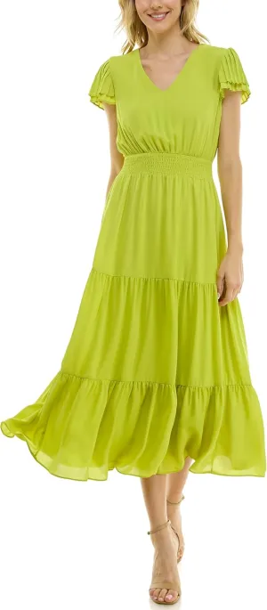 Nanette Nanette Lepore Women's Tiered Pull on Fully Lined Dress with Smock Waist and Pleated Flutter Sleeve