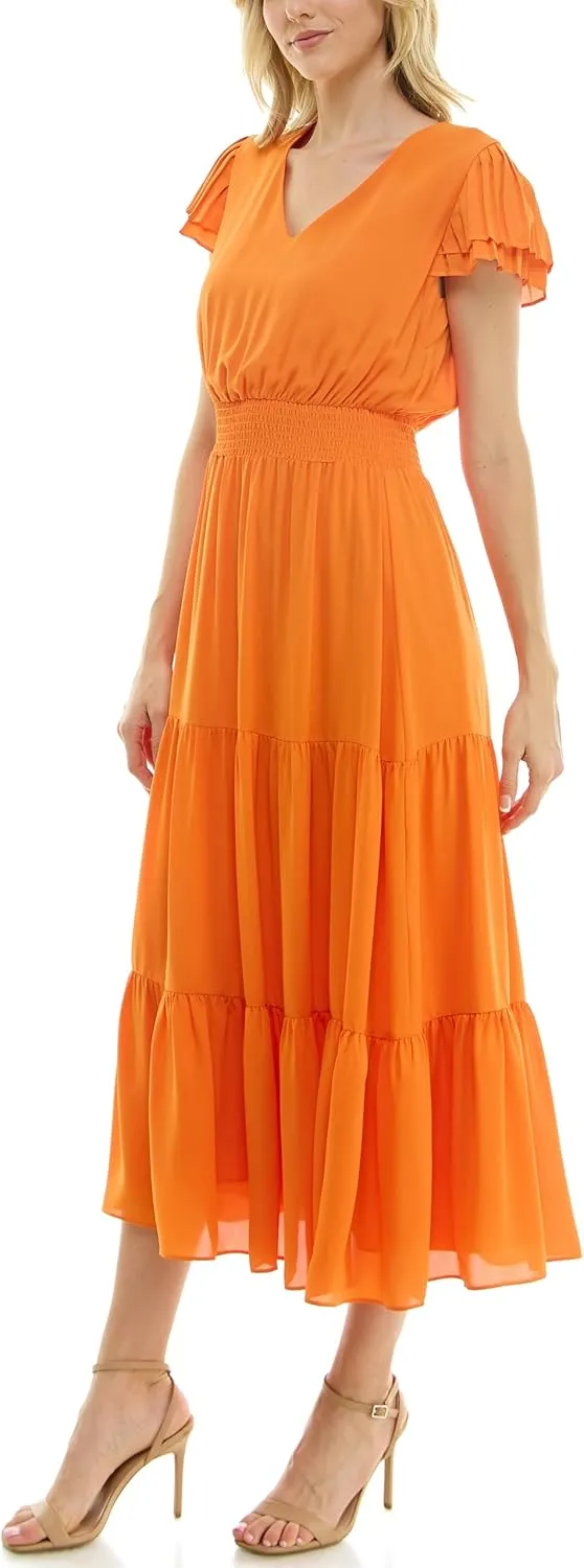 Nanette Nanette Lepore Women's Tiered Pull on Fully Lined Dress with Smock Waist and Pleated Flutter Sleeve