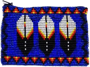 Native American Inspired Feather Czech Glass Seed Bead Coin Purse Pouch - Handmade Tribal Bags (Blue)