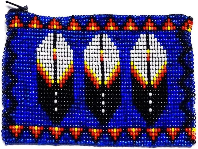 Native American Inspired Feather Czech Glass Seed Bead Coin Purse Pouch - Handmade Tribal Bags (Blue)