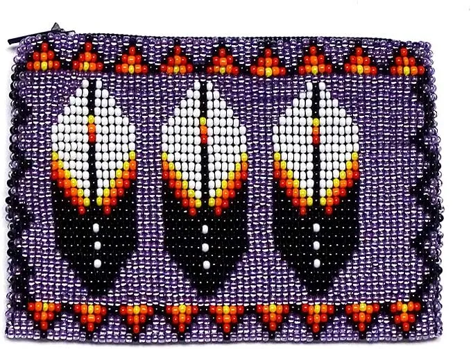 Native American Inspired Feather Czech Glass Seed Bead Coin Purse Pouch - Handmade Tribal Bags (Lavender)