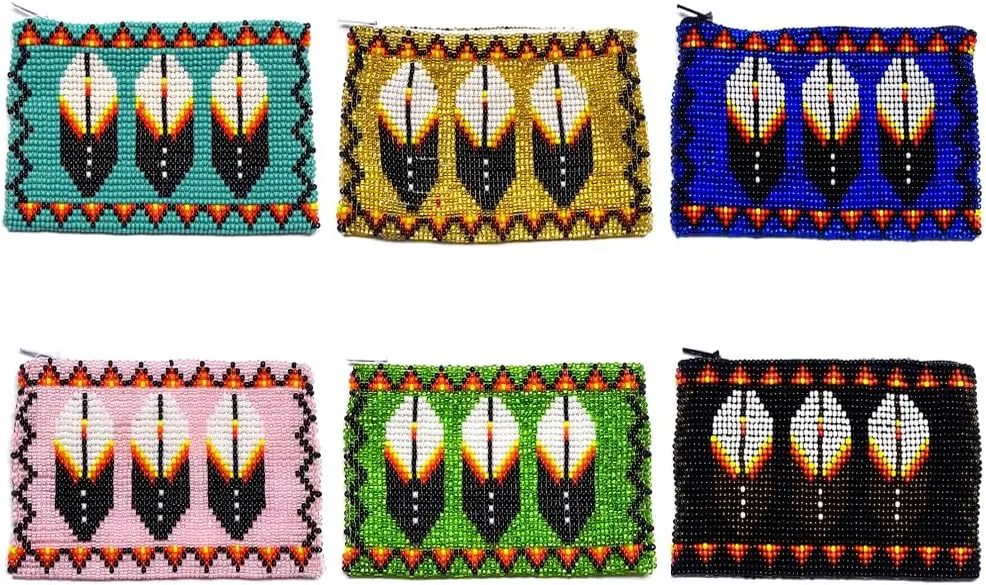 Native American Inspired Feather Czech Glass Seed Bead Coin Purse Pouch - Handmade Tribal Bags (Lavender)