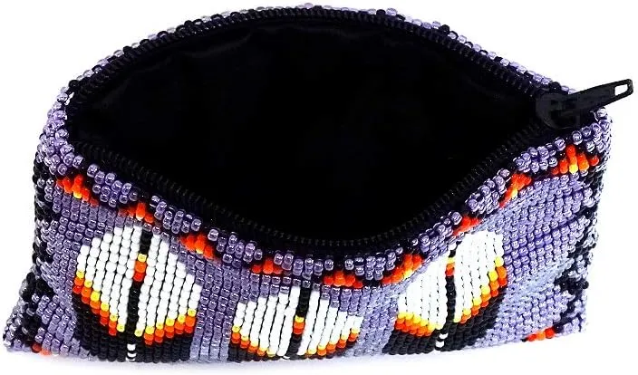 Native American Inspired Feather Czech Glass Seed Bead Coin Purse Pouch - Handmade Tribal Bags (Lavender)