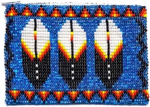 Native Inspired Feather Czech Glass Seed Bead Coin Purse Pouch Handmade Tribal Bag (Light Blue)