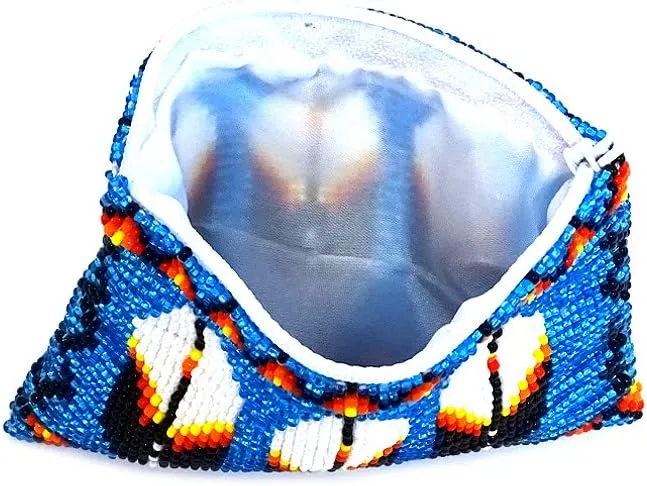 Native Inspired Feather Czech Glass Seed Bead Coin Purse Pouch Handmade Tribal Bag (Light Blue)