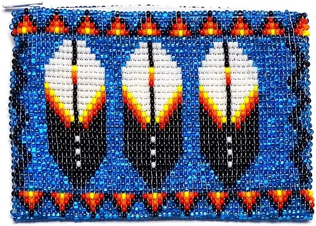 Native Inspired Feather Czech Glass Seed Bead Coin Purse Pouch Handmade Tribal Bag (Light Blue)