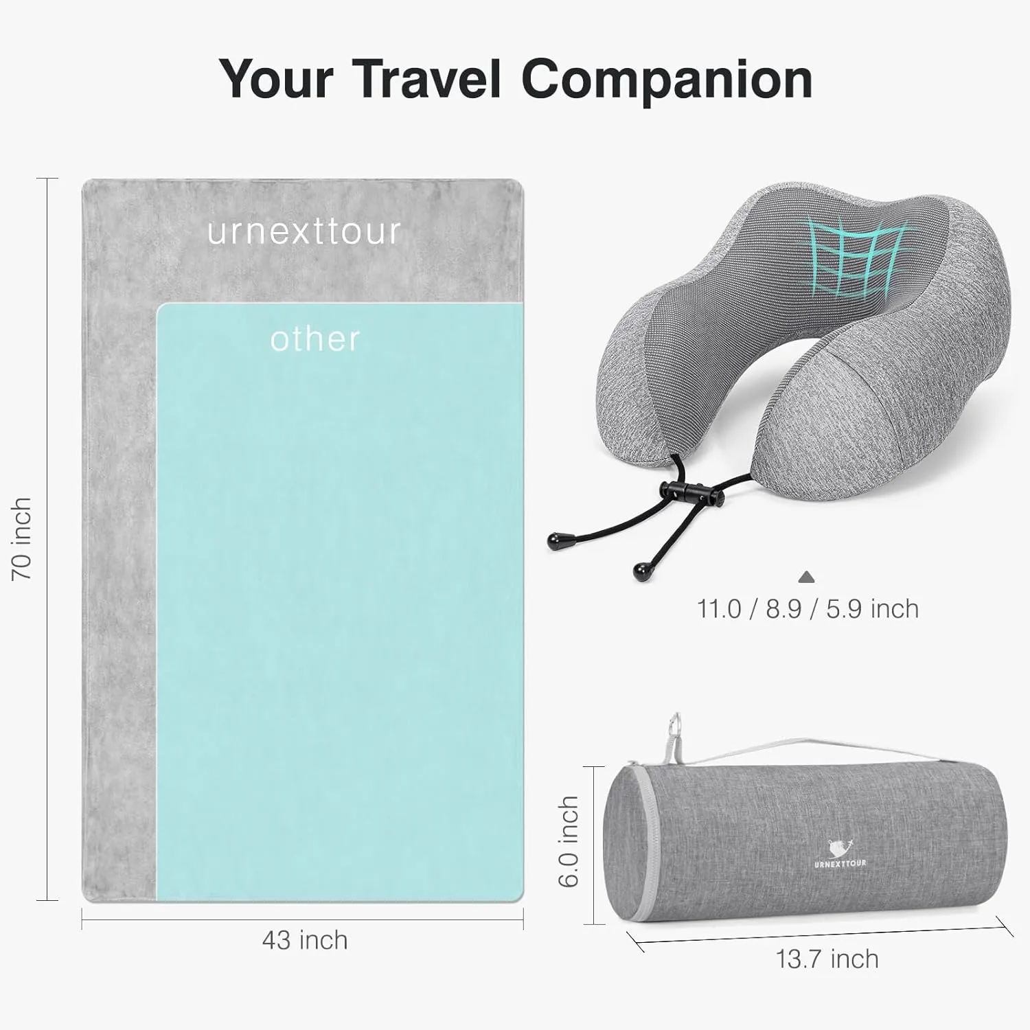 Neck Pillow and Blanket Set Travel Pillows Travel Essentials for Airplane Grey
