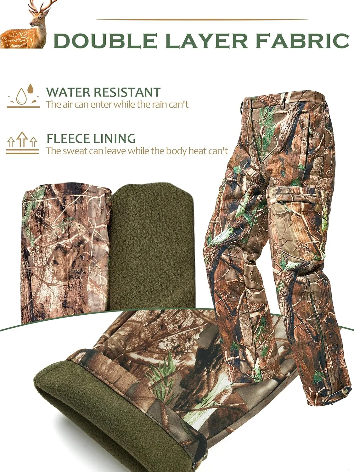 NEW VIEW Camo Hunting Pants for Men, Warm Fleece Lined, Quiet Water-Resistant Winter Clothes for Cold Weather