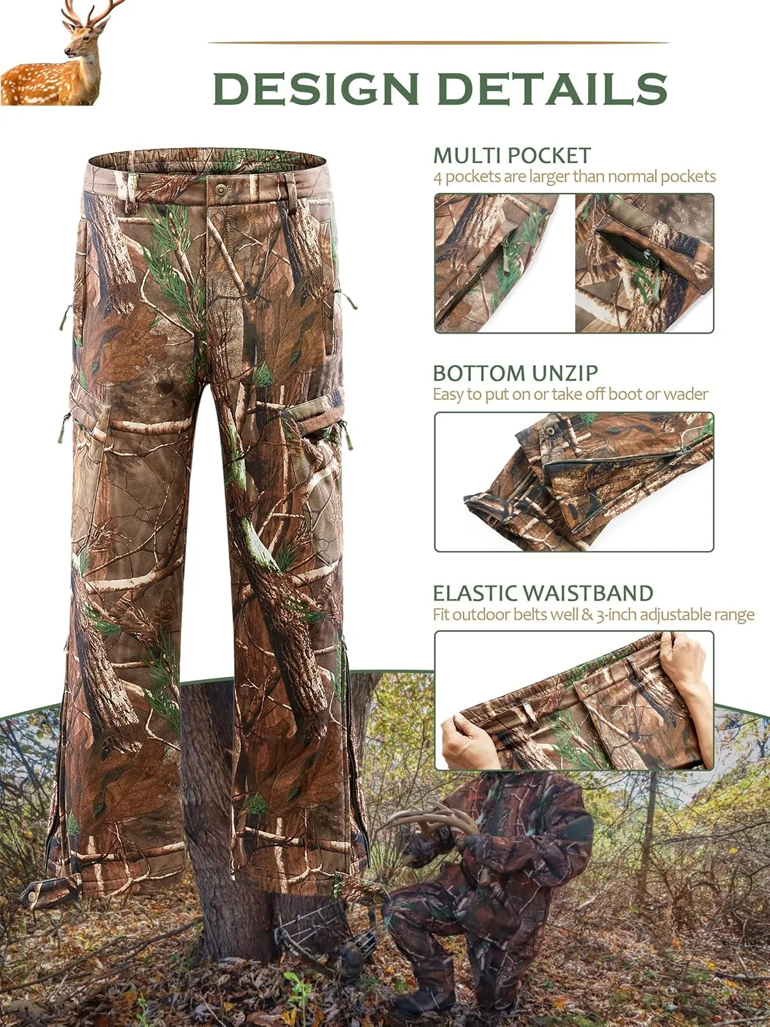 NEW VIEW Camo Hunting Pants for Men, Warm Fleece Lined, Quiet Water-Resistant Winter Clothes for Cold Weather