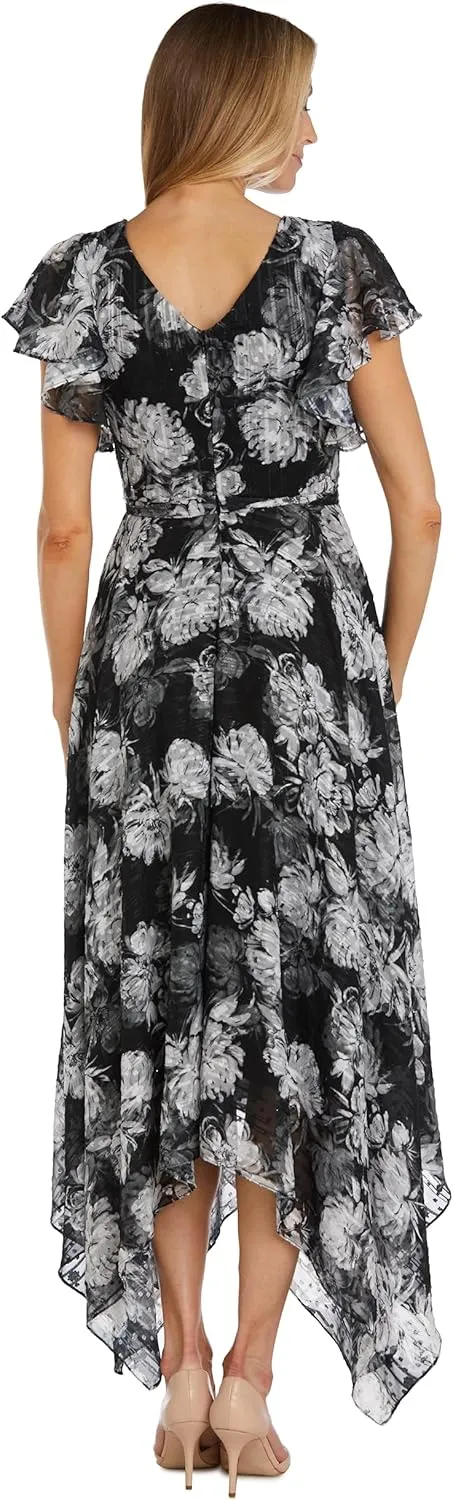 Nightway Women's High-Low Spring/Summer Dress W/Floral Print & Flutter Sleeves