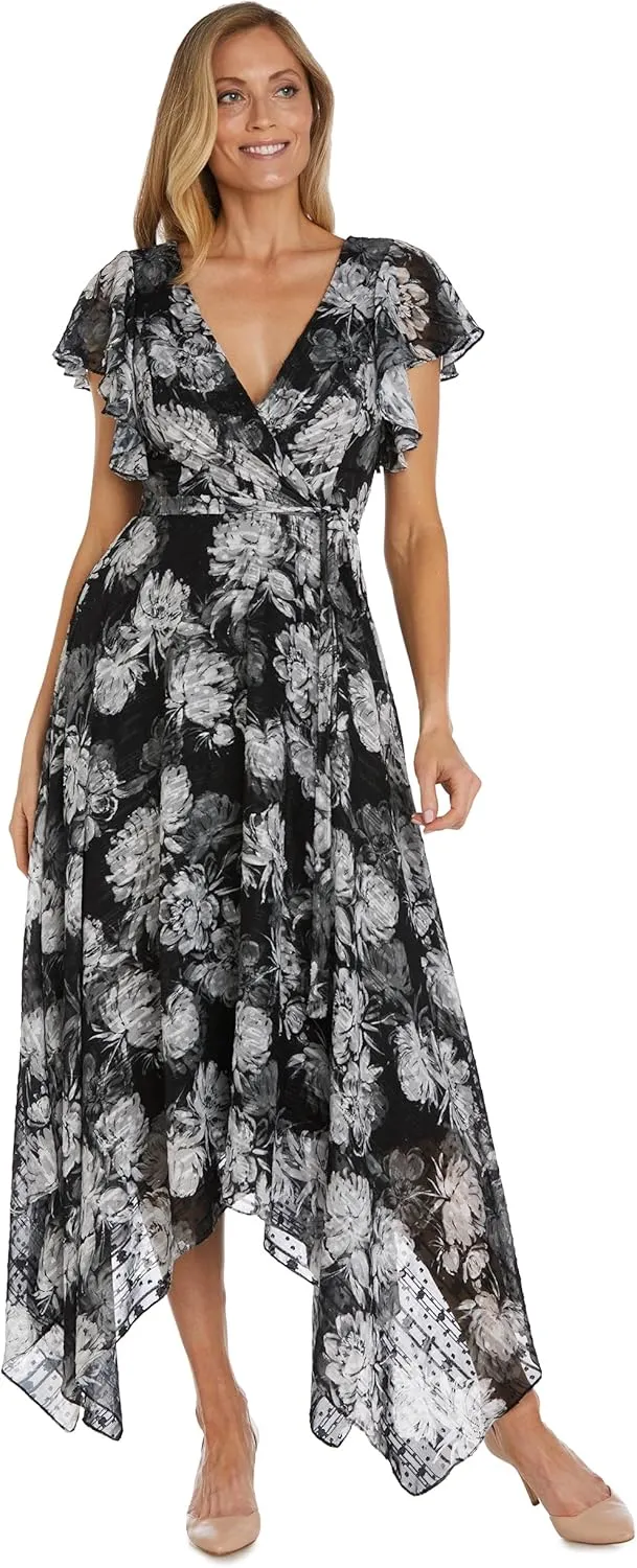 Nightway Women's High-Low Spring/Summer Dress W/Floral Print & Flutter Sleeves