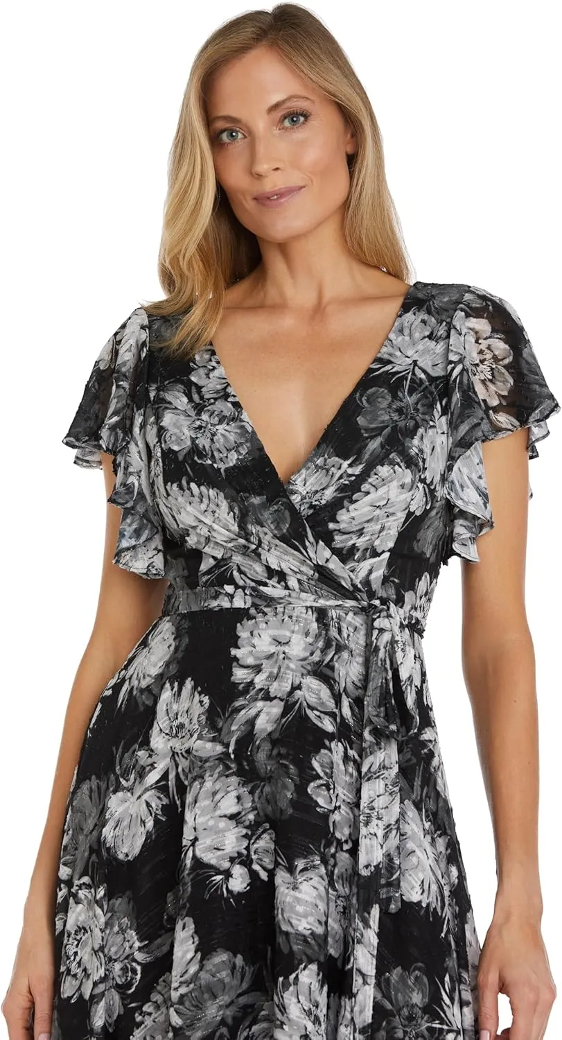 Nightway Women's High-Low Spring/Summer Dress W/Floral Print & Flutter Sleeves