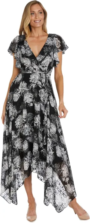 Nightway Women's High-Low Spring/Summer Dress W/Floral Print & Flutter Sleeves