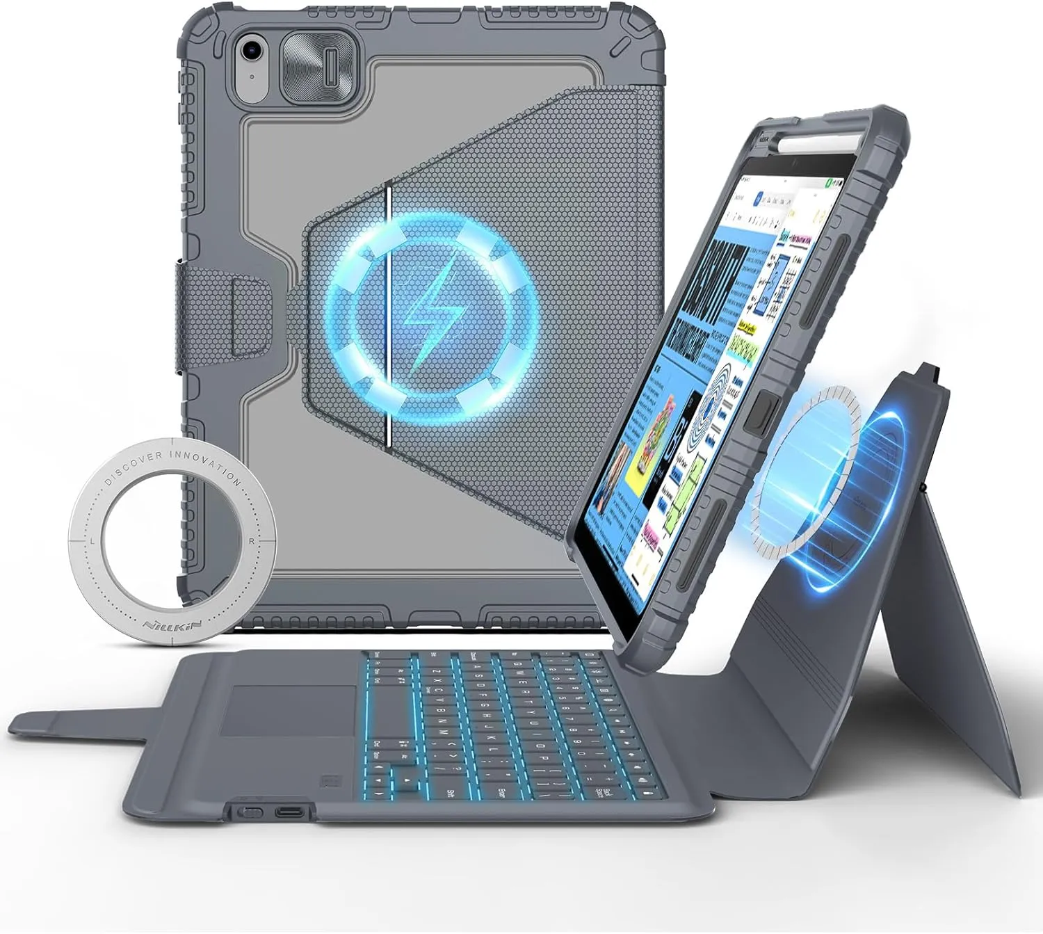 Nillkin for iPad 10th Generation Keyboard Magnetic Kickstand Magic Case with Wall Mount for iPad 11 A16 chip 10.9 inch 10th Detachable Backlit Keyboard,Trackpad (Light Grey)