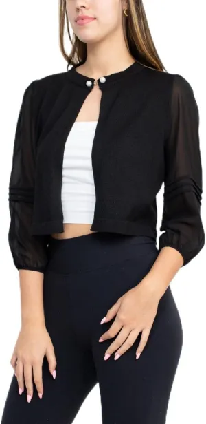 Nina Leonard Crew Neck Closure Knit Bodice 3/4 Chiffon Sleeve Solid Bolero Black/L, Large
