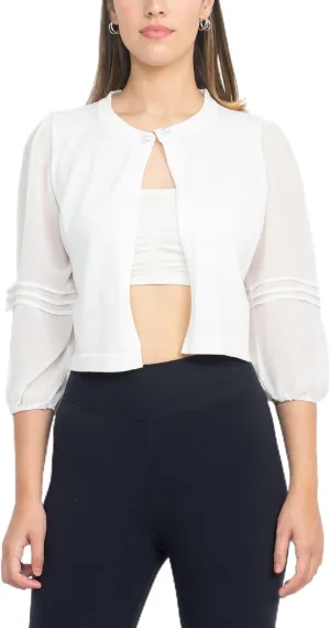 Nina Leonard Crew Neck Closure Knit Bodice 3/4 Chiffon Sleeve Solid Bolero Ivory/S, Small