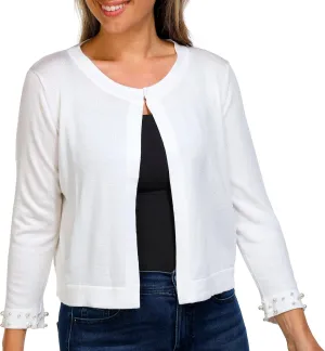 Nina Leonard Crew Neck Hook Closure 3/4 Sleeve Embellished Cuff Solid Knit Bolero Ivory/M