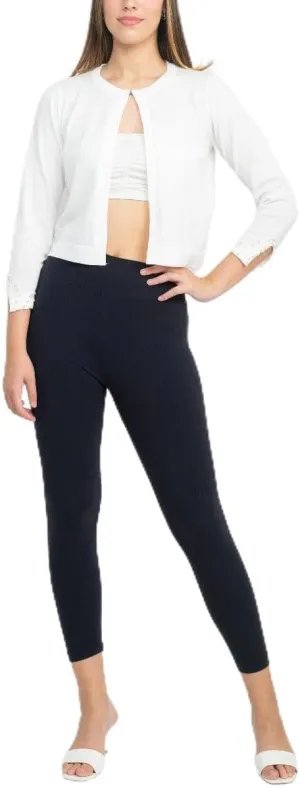 Nina Leonard Crew Neck Hook Closure 3/4 Sleeve Embellished Cuff Solid Knit Bolero Ivory/S, Small