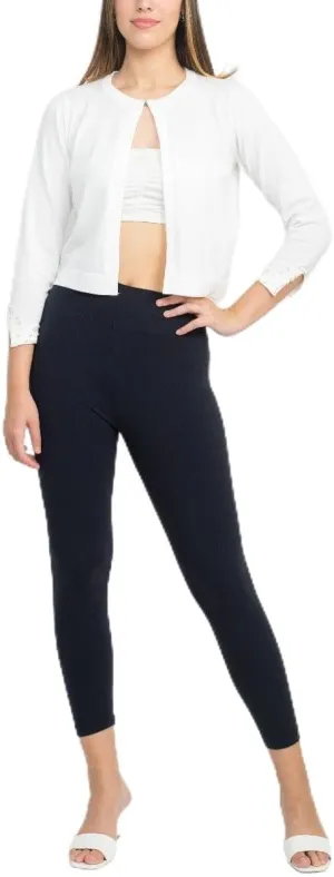 Nina Leonard Crew Neck Hook Closure 3/4 Sleeve Embellished Cuff Solid Knit Bolero Ivory/XL, X-Large