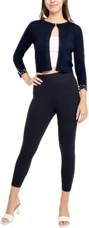 Nina Leonard Crew Neck Hook Closure 3/4 Sleeve Embellished Cuff Solid Knit Bolero Navy/S