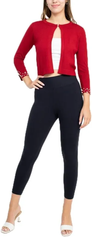 Nina Leonard Crew Neck Hook Closure 3/4 Sleeve Embellished Cuff Solid Knit Bolero Scarlet/S