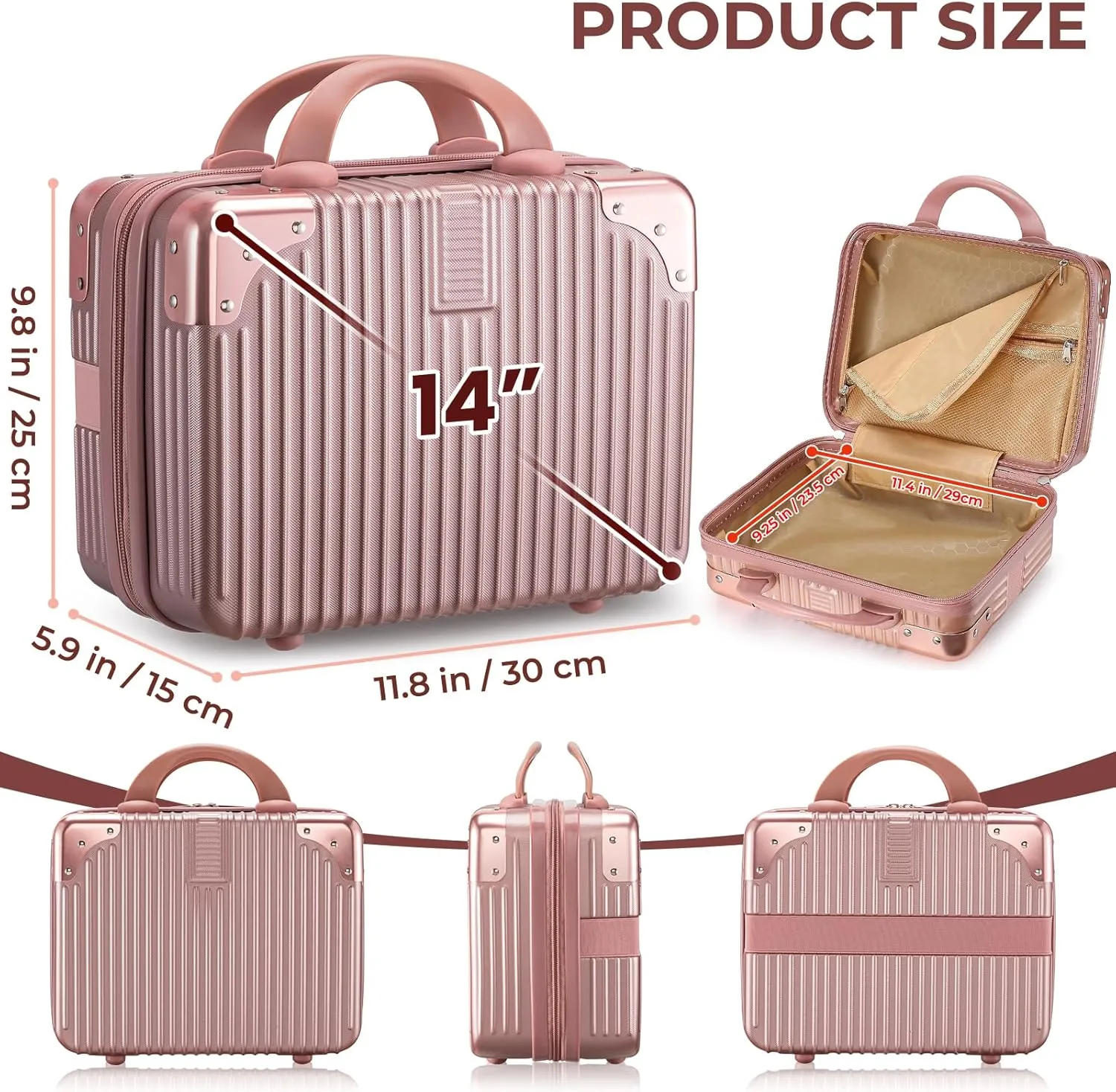 Noverlife 14 Inch Portable Makeup Travel Case Hand Luggage, Pressure-proof ABS Carrying Makeup Case Suitcase with Elastic Band, Small Hard Shell Cosmetic Case for Travel Camping Women Girl - Rose Gold
