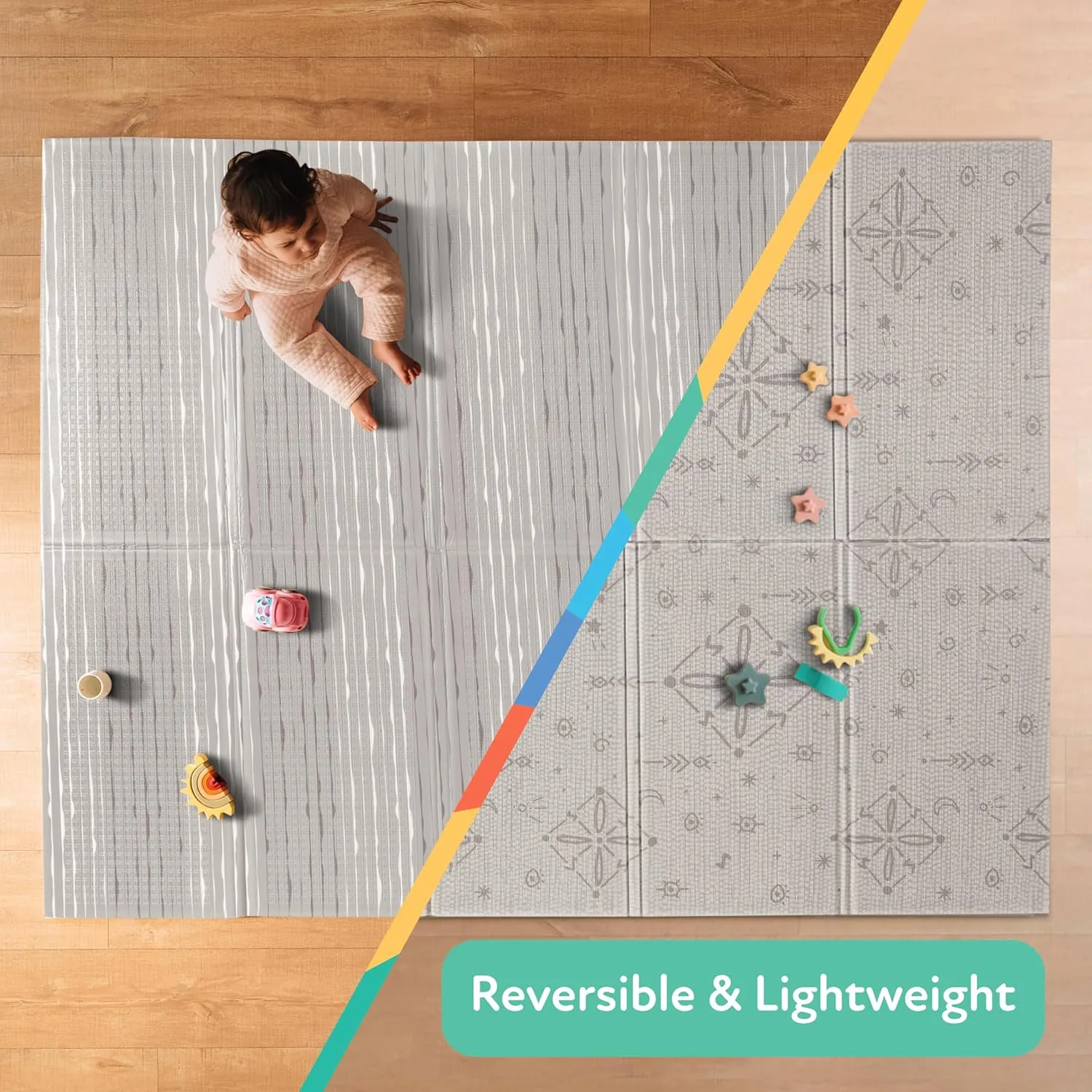 Nuby Reversible Baby Floor Mat - Foldable and Lightweight Infant Play Mat - Easy Storage and Travel - Gray Moon and Arrows