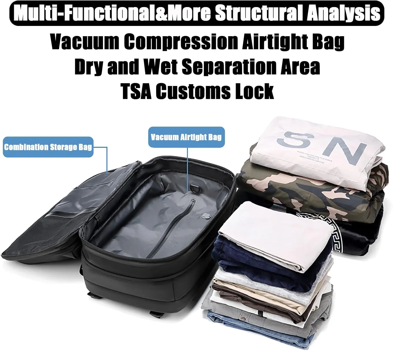NUXMAW Vacpack Backpack, 60L Expandable Air Vacuum Backpack for Travel with Pump for Compression, Waterproof and Anti-Theft Laptop Backpack for Hiking, Business (Blue, No Air Pump)